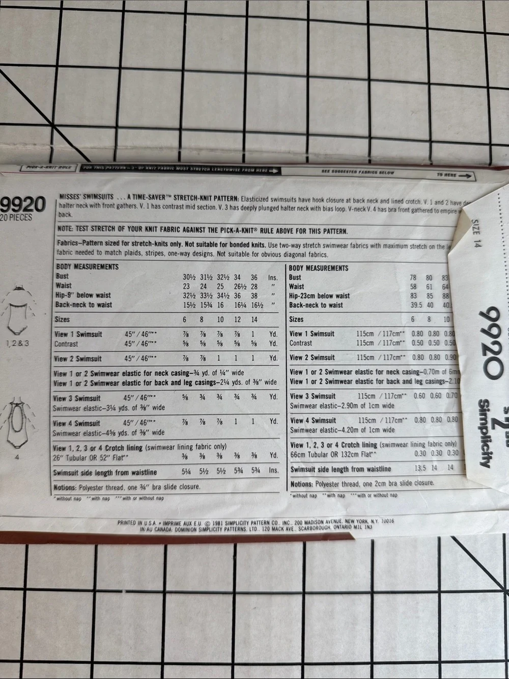 Vintage 1981 Simplicity 9920 Misses Swimsuit Sewing Pattern Size 14 UNCUT